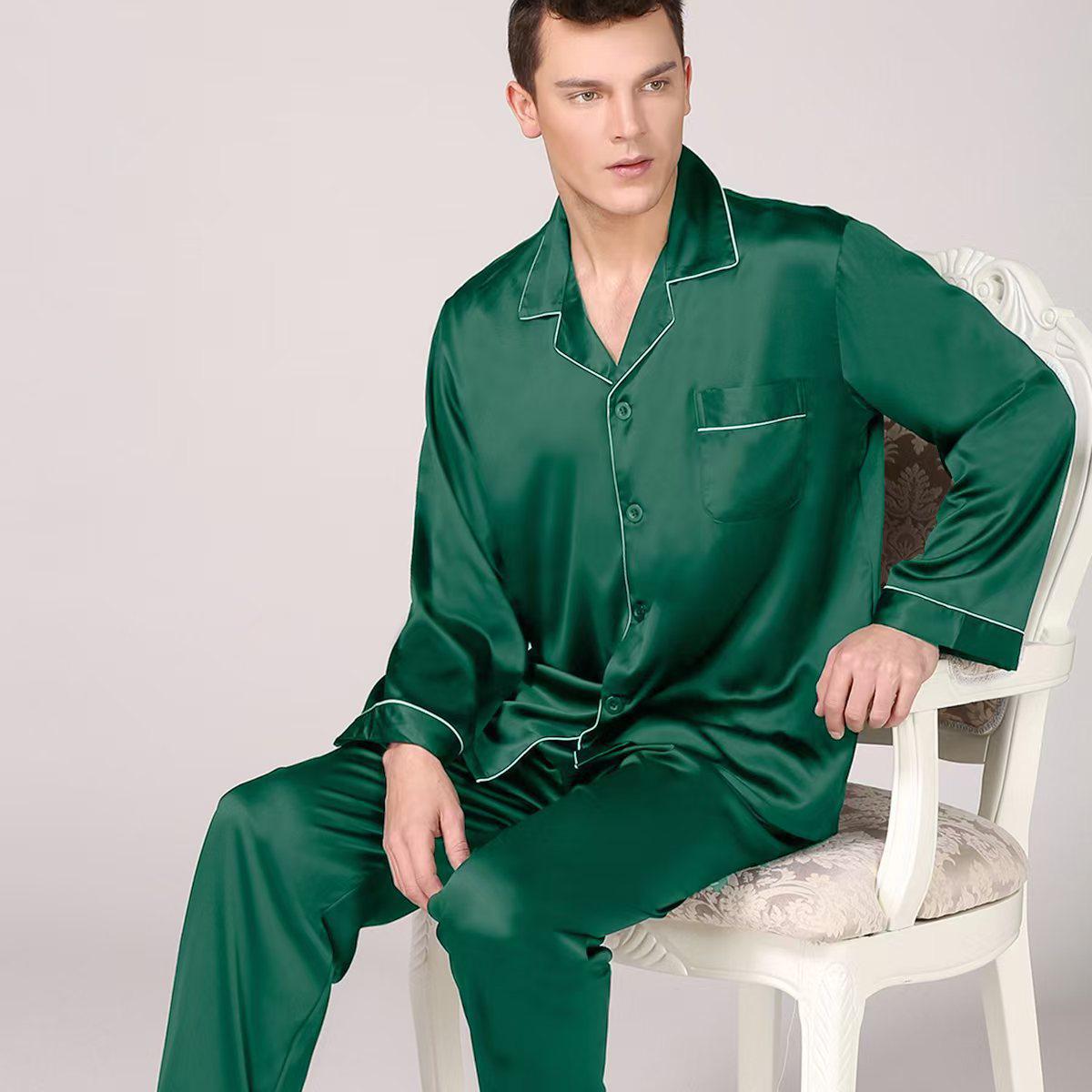 

European Plus Size Men s Long Sleeve Satin Pajama Set - Solid Color Imitation Silk Homewear for Summer XXXL зелений