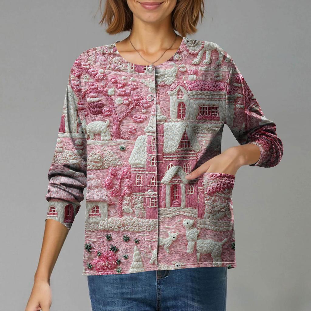 Women's Casual Long-Sleeved Single-Breasted Christmas-Themed Print  Cardigan