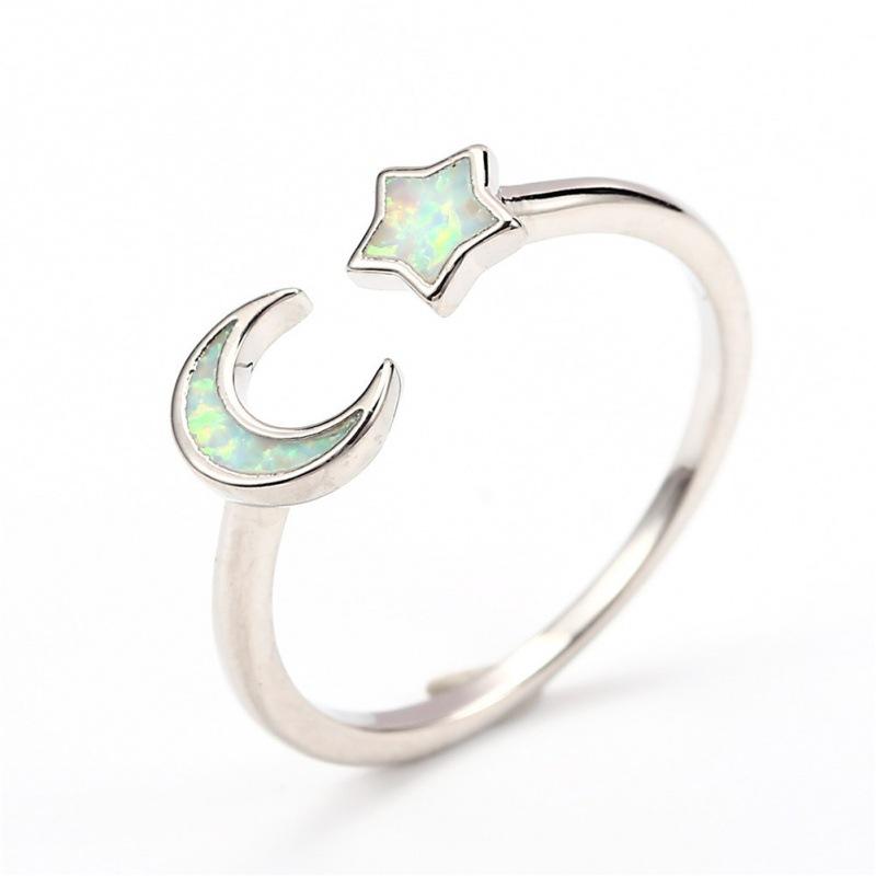 

White Gold White Star Moon Open Ring Female, Fashion Retro Adjustable opening
