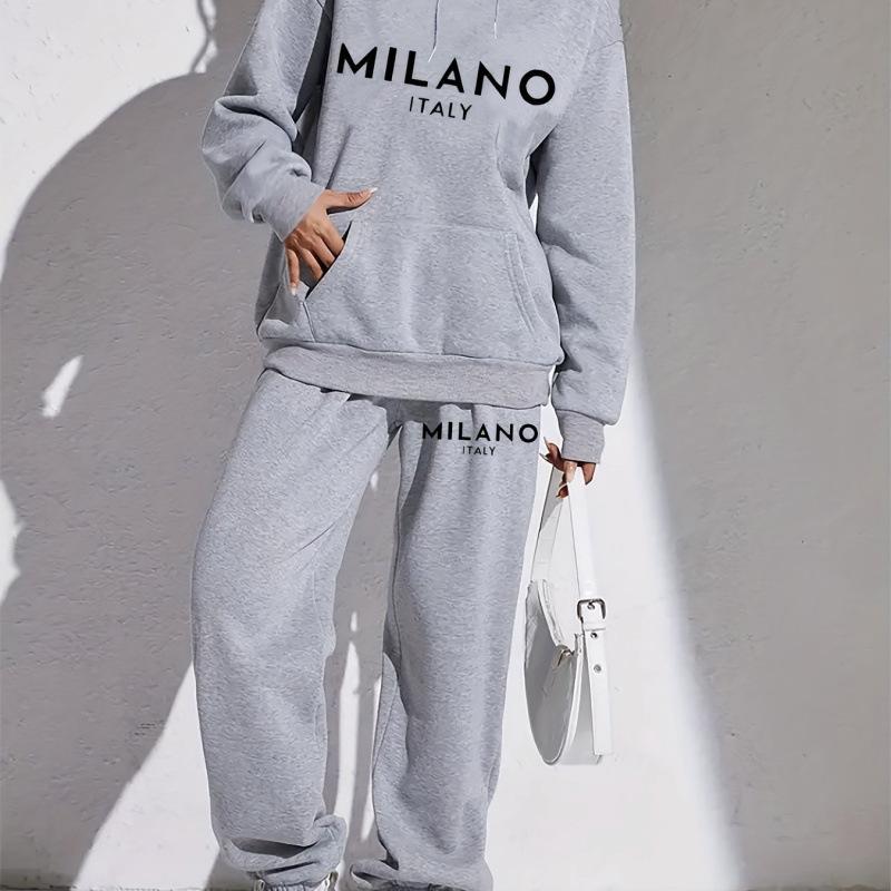 Women s spring-autumn printed hoodie set, trendy casual sports two-piece set S