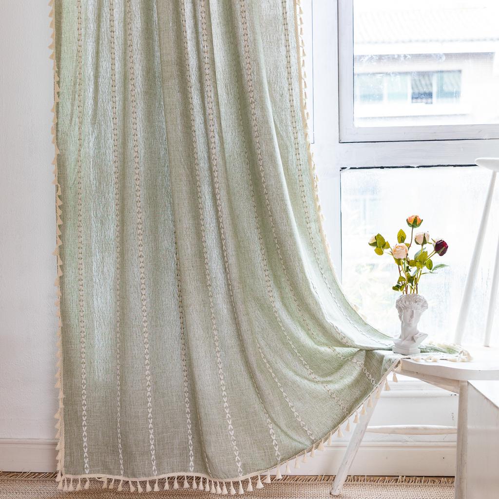 Grass Green Bohemian Bedroom Living Room French Country Linen Striped Fringed Curtains Finished