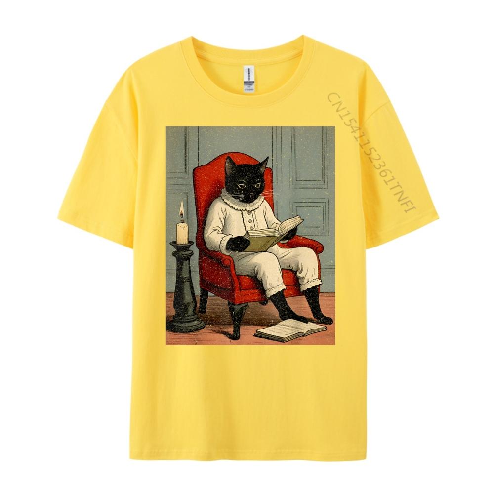 Funny Black Cat Reading A Book Fall Clothes Aesthetic Men's T-Shirts Loose