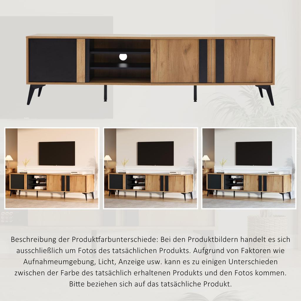 TV Cabinet for TVs Up To 80 Inches, Modern TV Lowboard with 3 Open Compartments, TV Chest of Drawers, Living Room Dining Room, Brown & Black, 180x40x50cm