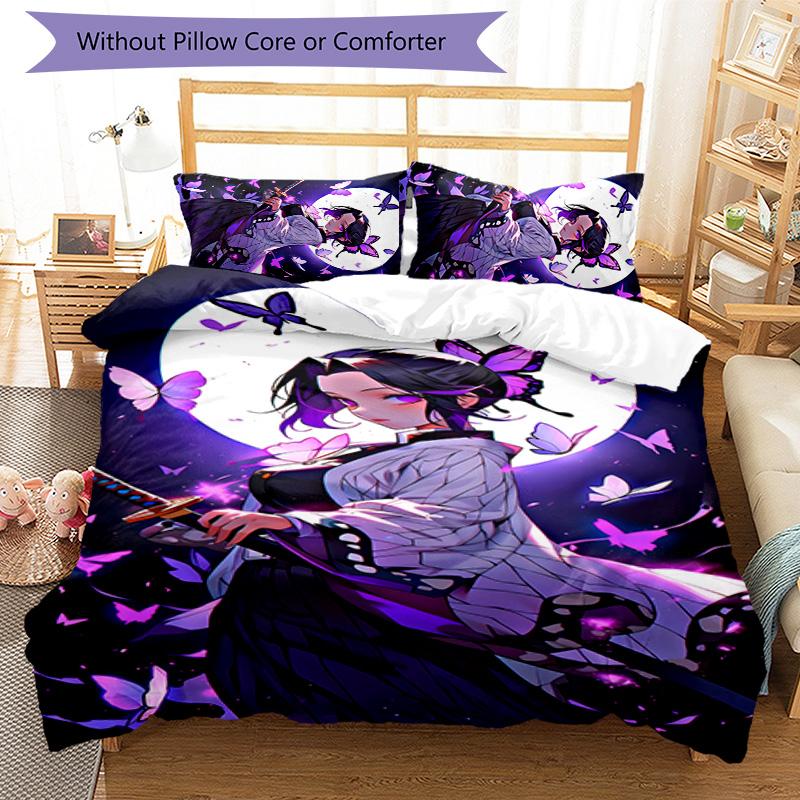3pcs Demon Slayer Shinobu Kocho pattern bedding set duvet cover set includes duvet cover &pillowcases, perfect all season bedroom decoration & gift