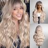 Long Wave Synthetic Wig with Bangs Body Wavy Ombre Blonde Hair Heat Resistant Wig for Women Daily Halloween Cosplay Use