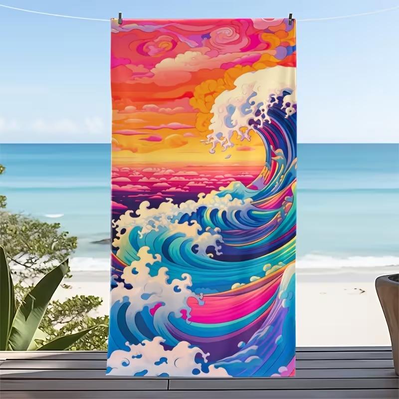 Japanese Illustration Style Ocean Wave Sunset Print Beach Towel Quick Dry Sand-Free Absorbent Beach Blanket for Summer Vacation