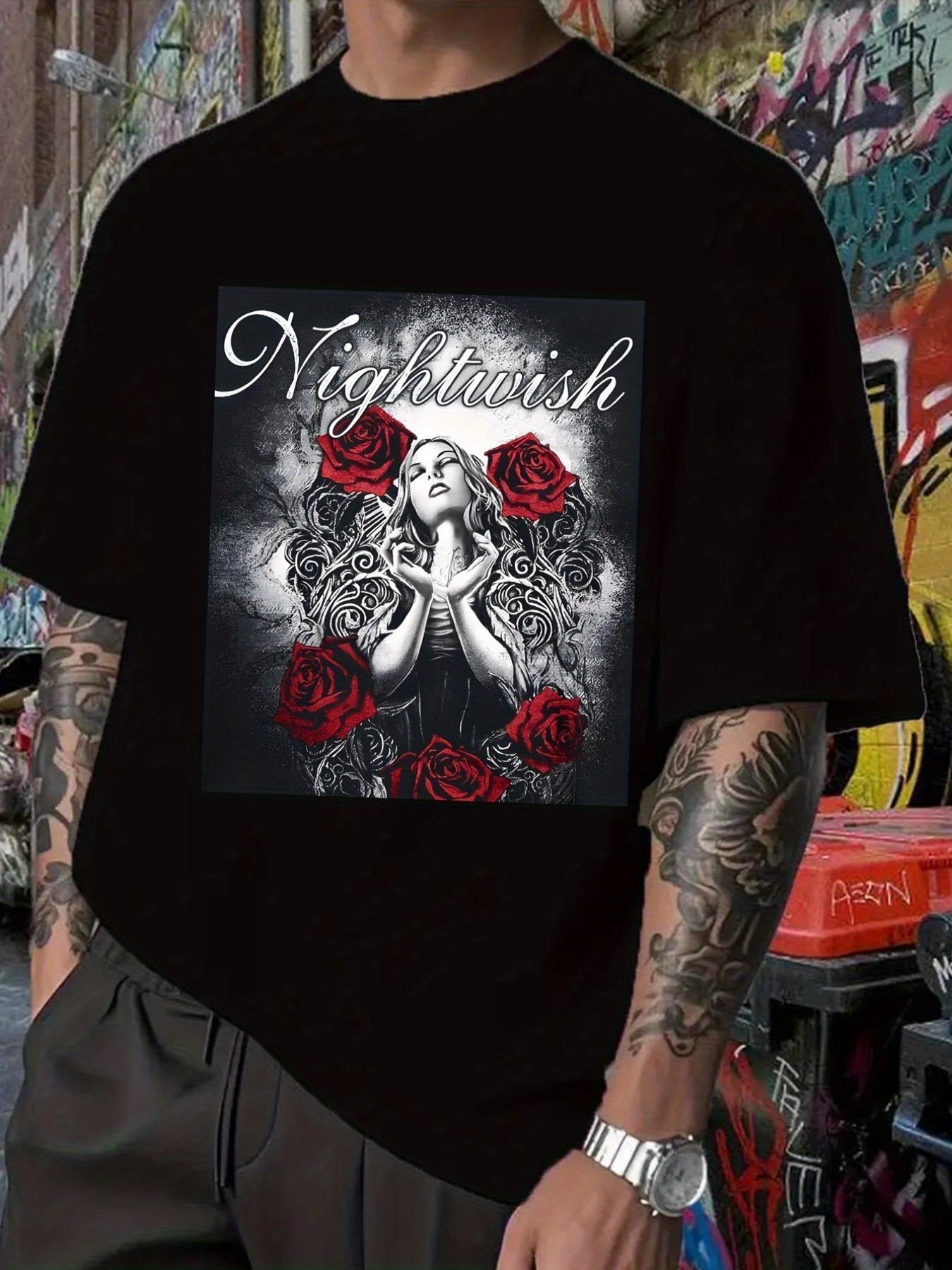 Nightwish Band Graphic T-shirt - Black Casual Short Sleeve Tee with Red Roses & Floral Design S