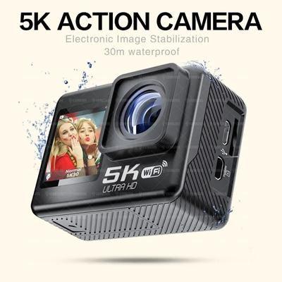 מצלמת פעולה CERASTES 5K WiFi נגד רעידות, 4K 60FPS, מסך כפול, זווית רחבה 170°, עמידה במים עד 30 מטר, מצלמת ספורט עם שלט רחוק