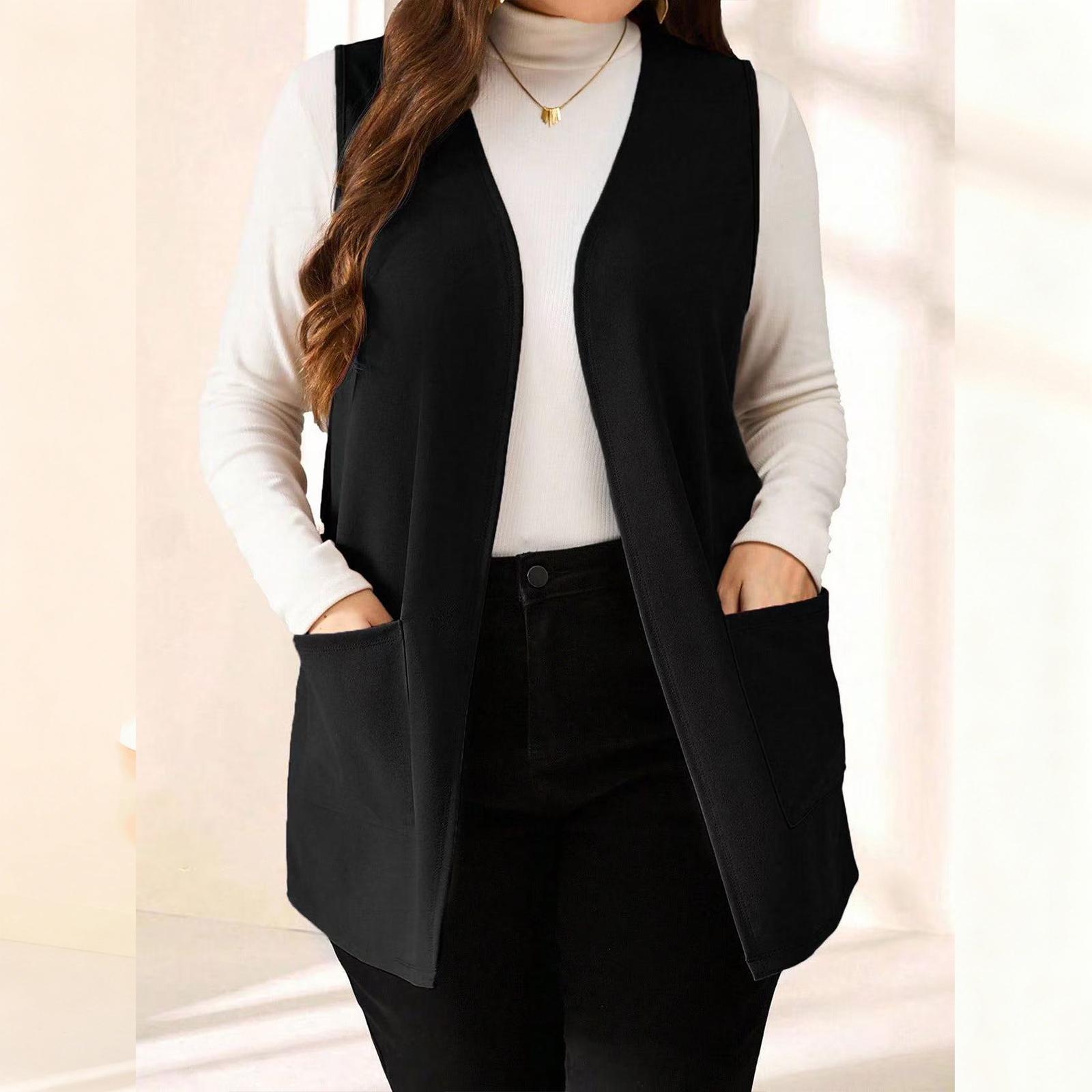 

Женский повседневный и модный жилет-жакет с V-образным вырезом, однотонный и без рукавов M чёрный