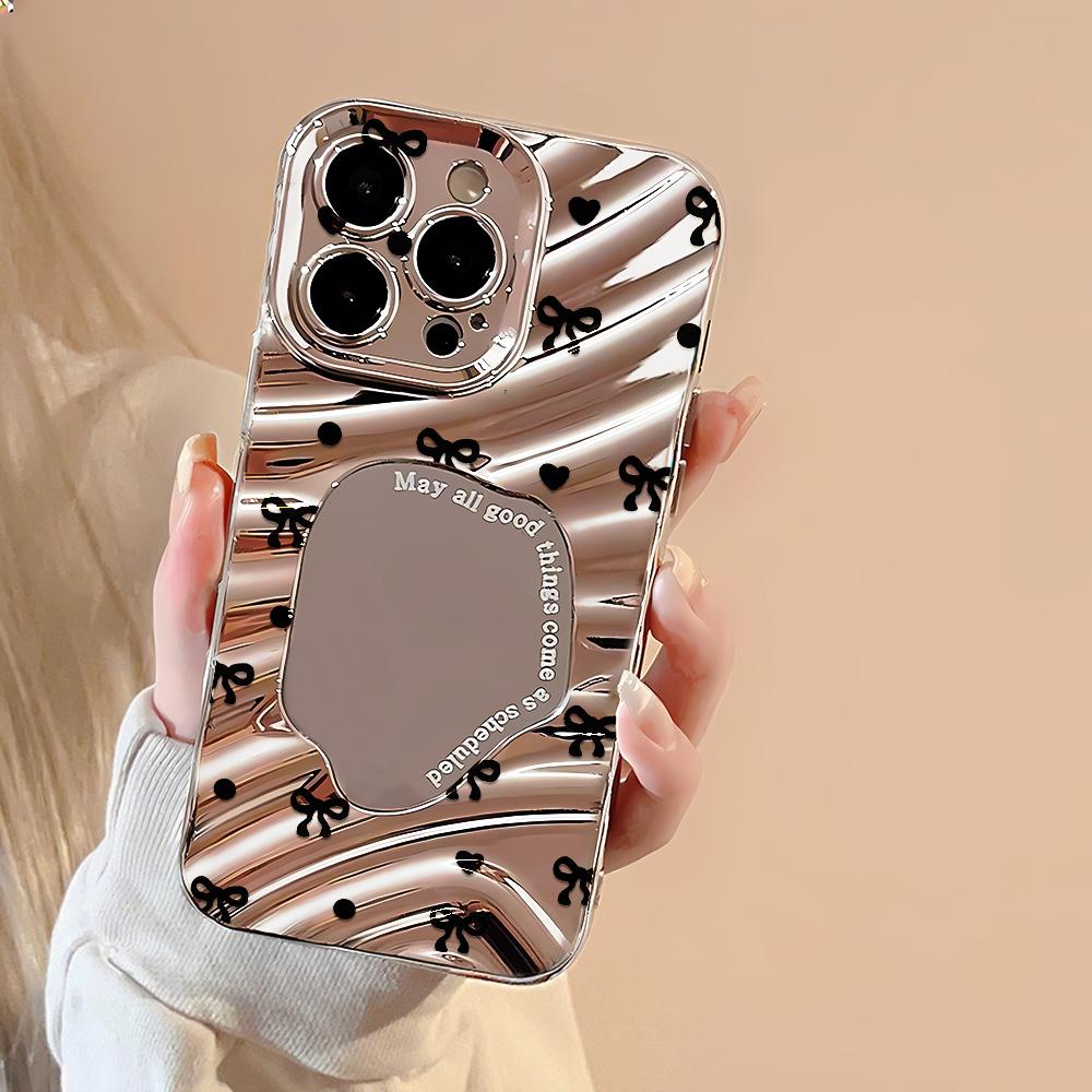 

Bownkot Silver Mirror Wave Edge Phone Case For iPhone 16 Pro Max Case iPhone 13 15 14 12 11 17 Pro Max Glossy Cover With Lanyard iPhone 15