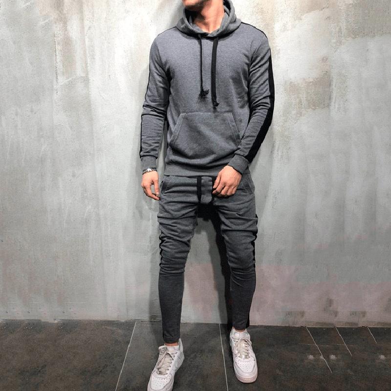Mens Running Tracksuit Set With Hooded Jacket And Adjustable Waistline Pants For Activewear