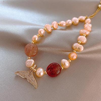 14K Gold-Plated Baroque Pearl Fishtail Bangle - Niche Design Friendship Bracelet