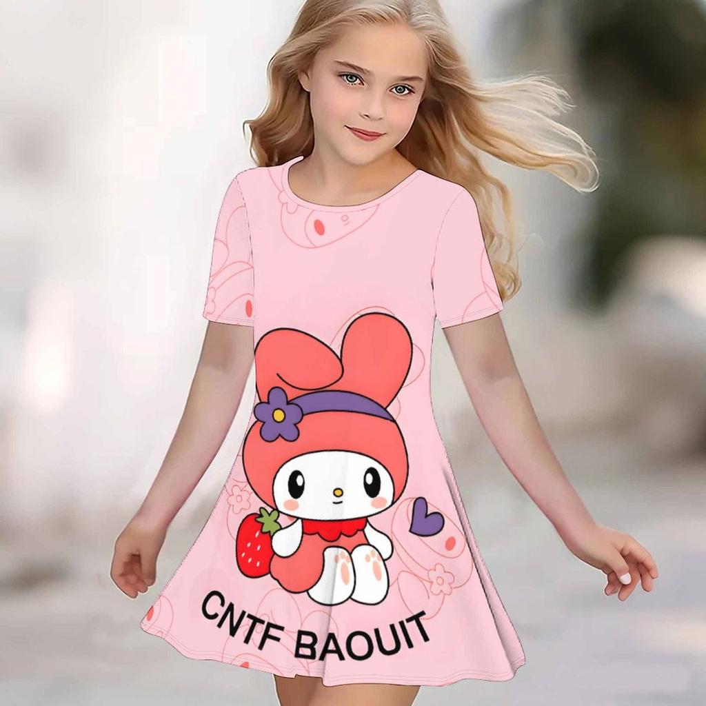 Girls 3D Print Dresses Kids Girl Party Short Sleeve Princess Dress Tank 3D Likable Cartoon Print Dress