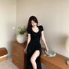 The New Korean Version of the Sexy Split-ended Pleated Design Sense of Pure Desire Wind Hip-wrapped Long Dress Casual Slim-fitting Black Dress Women