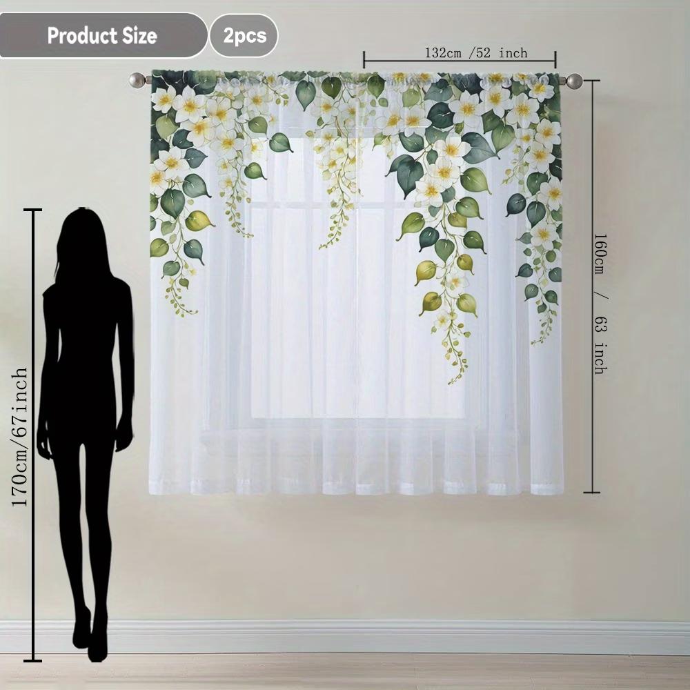 2PCS Digital Printing Sheer Curtain, Hanging White Flower Vine Pattern, Pastoral Fresh Spring Garden Window Treatment Decor