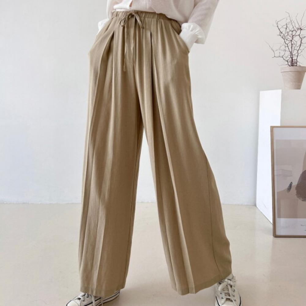 Shop Women Ribbon Waistbanding Front Tuck Summer Wide Pants Beige Nys Wpt 4472