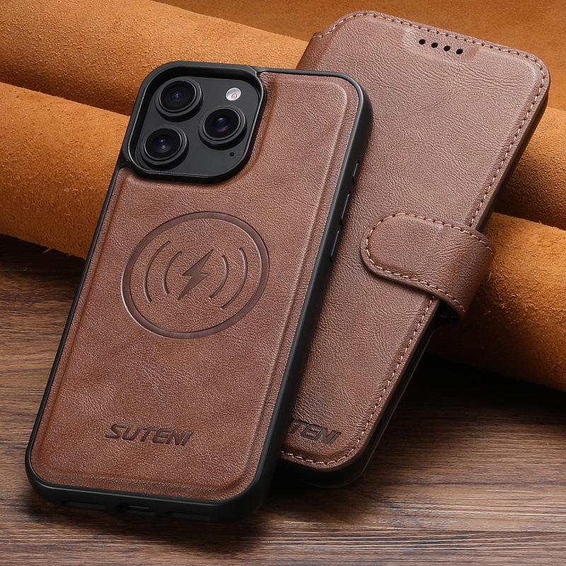 iPhone17 Pro Max Flip Case with Card Slot, Magnetic Snap, Wireless Charging Stand, and Leather Finish