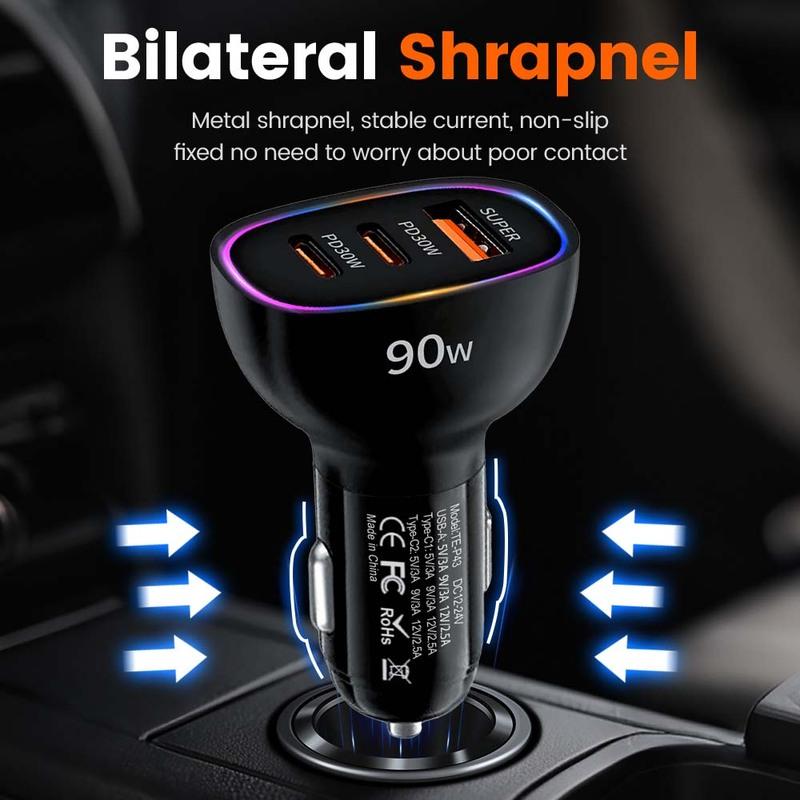 90W USB Car Charger 3 Ports Dual PD30W QC3.0 Super Fast Charging Power Adapter Universal Car Phone Charger For iPhone 17 16 Pro