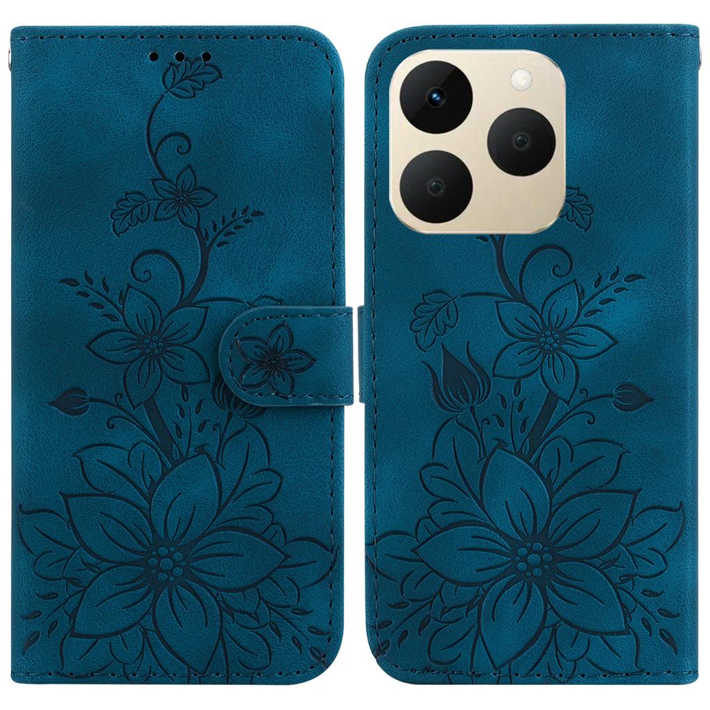 For Realme 15T 5G Stand Case Lily Flower Imprint Leather Phone Cover with Wrist Strap
