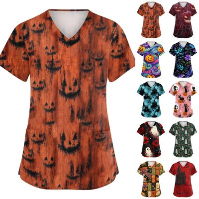 Damen V-Ausschnitt Kurzarm Halloween Print Oberteil mit Tasche Kasack für medizinisches Fachpersonal Uniform