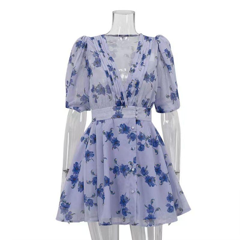 

Fashion Style Print Fashion V-neck Puff Sleeve Ruched Dress Elegance High Waist A- Line Dress Printed Dress Blue M