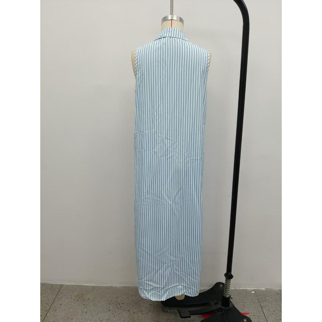 New European American Women Casual Striped Stand Collar Sleeveless Slit Maxi Long Dress Vacation Style