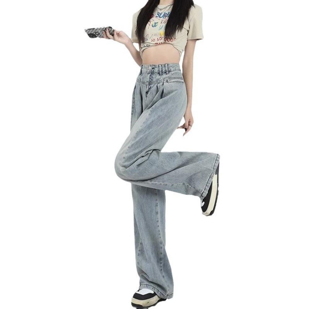 Trend loose wide-leg jeans women's spring and autumn new high-waisted and thin straight drape floor-mopping jeans