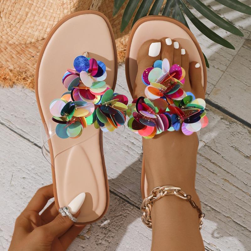 Fashion Summer Colorful Sequins Decorated Women Flip-flops Light Comfortable Low Heel Slippers for Women Beach Sandals Bohemian Slippers