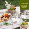 Picnic-Themed Photo Props: Outdoor Scene Decoration with Tablecloth and Tray for Food Photography.