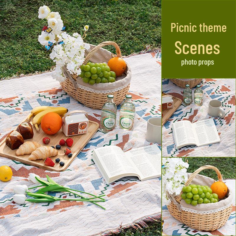 Picnic-Themed Photo Props: Outdoor Scene Decoration with Tablecloth and Tray for Food Photography.