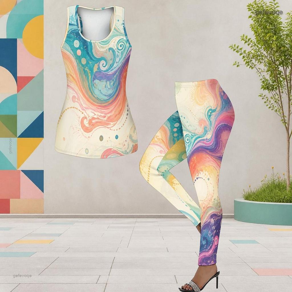 Women Plus Size Two Piece Outfit Scoop Neck Sleeveless Printed Longline Tank Top And Fitted Pants Red Black