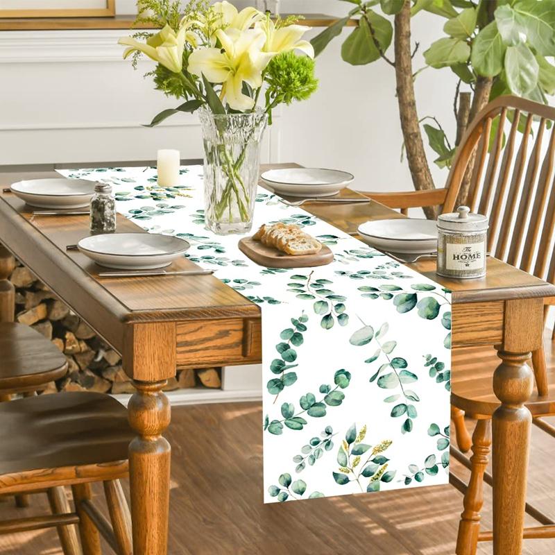 Sage Green Table Runner Eucalyptus Leaves Polyester Dining Table Decor for Home Jungle Birthday Party Baby Shower Wedding Decor