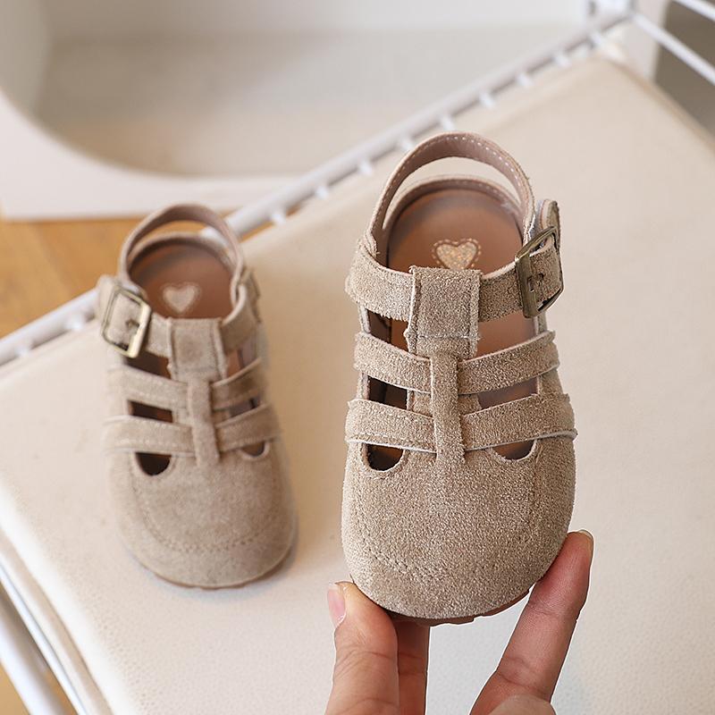 Bright Hues Macaron Children Roman Shoes Suede Leather Coverd-Toe Kids Sandals for Girls Student Leisure Cut-outs Sandals I05282
