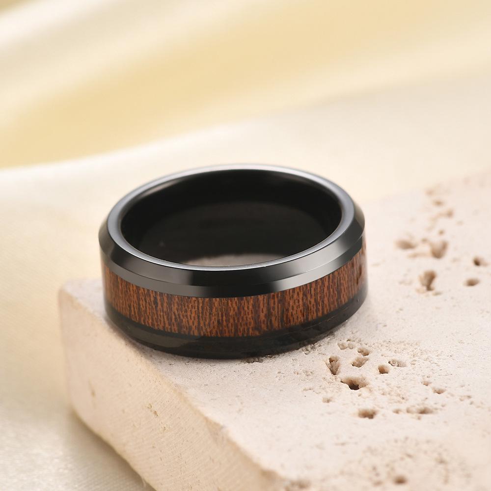 Elegant European & American 8MM Stainless Steel Pinky Ring with Black Wood Grain