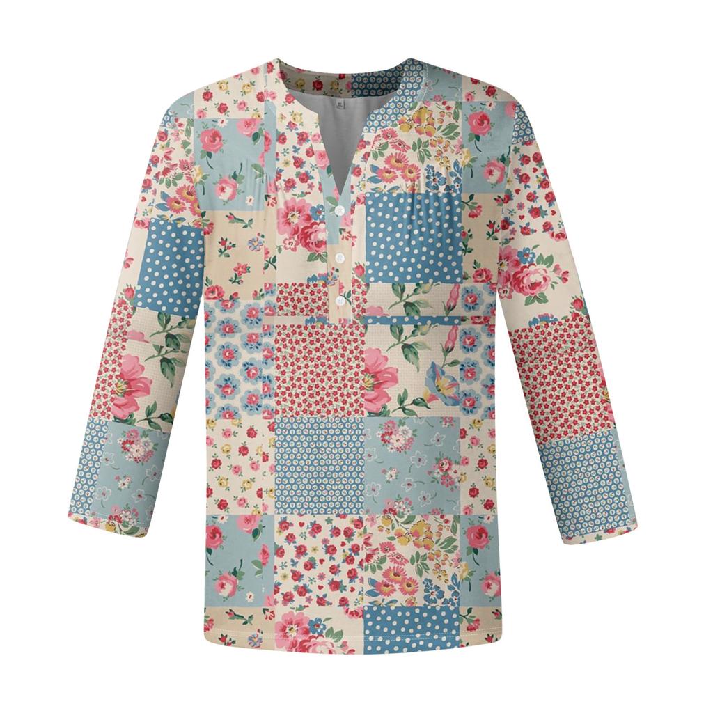 Women's Fashion Casual Three-quarters Sleeve V Neck Floral Print Top