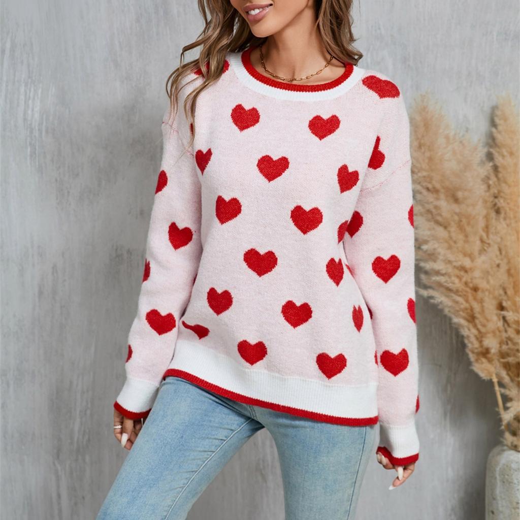 Women's Loose Casual  Fashion Round Neck Heart Sweater Knitted Bottoming Shirt Sweater