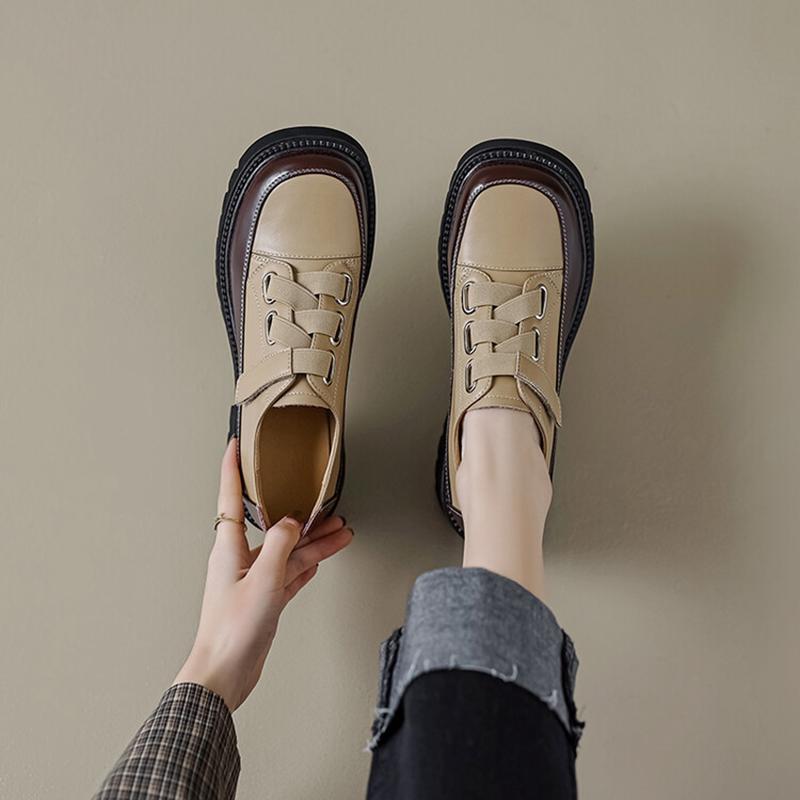 Fashion Spring/Autumn Women Shoes Split Leather Shoes Round Toe Lace Up Platform Shoes Color Mixed Thick Heel Loafers for Women Sneakers