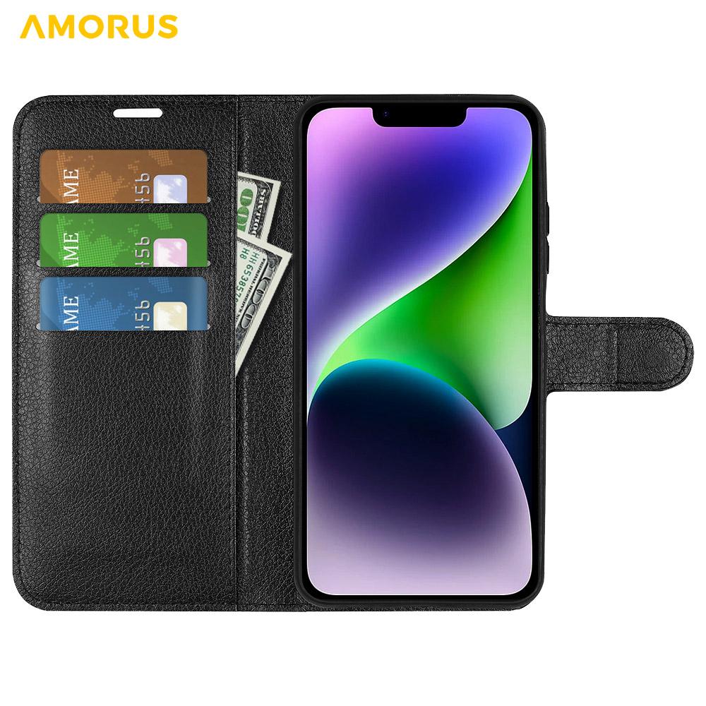 For iPhone 15 Plus Wallet Case Litchi Texture Shockproof Leather Flip Stand Phone Cover