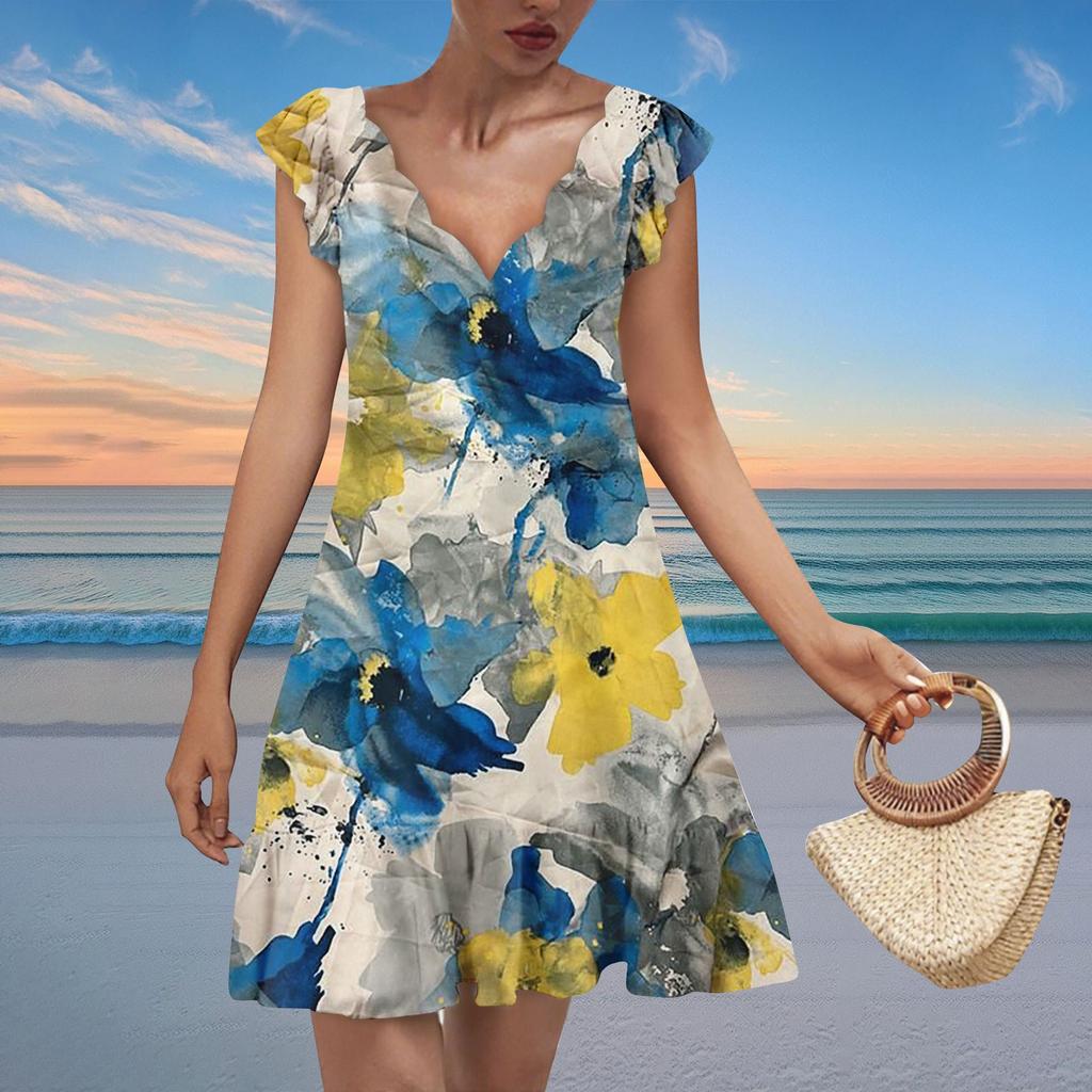 Women's Fashion Casual V Neck Wavy Edge Texture Print Short Sleeve Dress