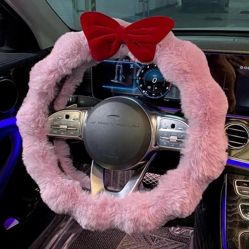 Cute Fluffy Steering Wheel Cover Bow Design Anti Slip Steer Wheel Protector Wave Shape Soft Steering Cover Girls Car Decoration