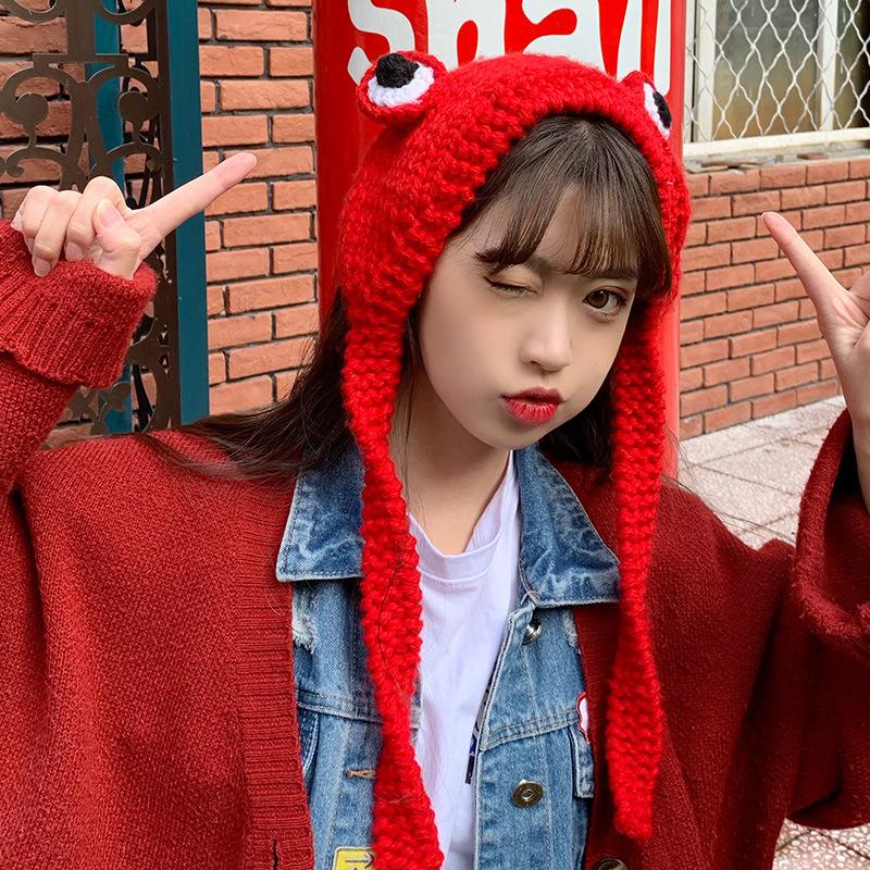 Autumn And Winter Big Eyed Frog Hat Head Cover Handmade Ear Protection Hair With Hat Korean Version Green Cute Knitted Yarn