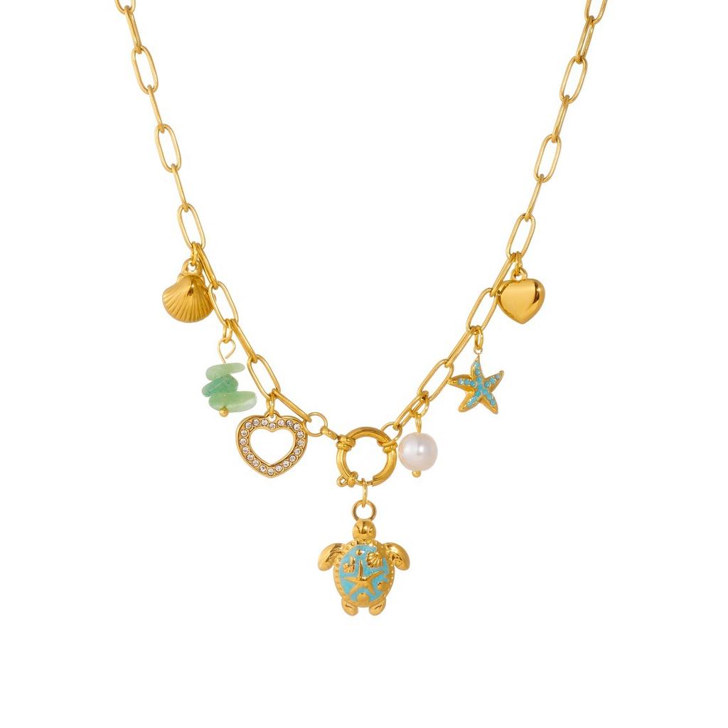 Ocean Vacation Colorful Gold Drop Turtle Starfish Scallop Pendant Necklace