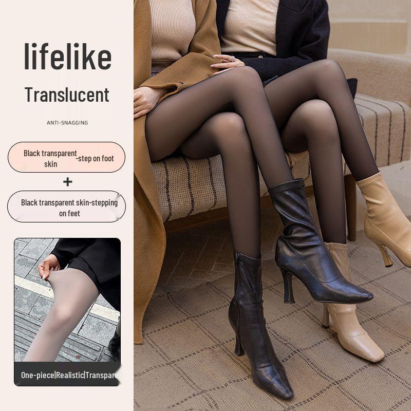 Grey-Black See-Through Base Layer Leggings with Fleece - Women’s Spring/Autumn/Winter Style for Bare Legs Look
