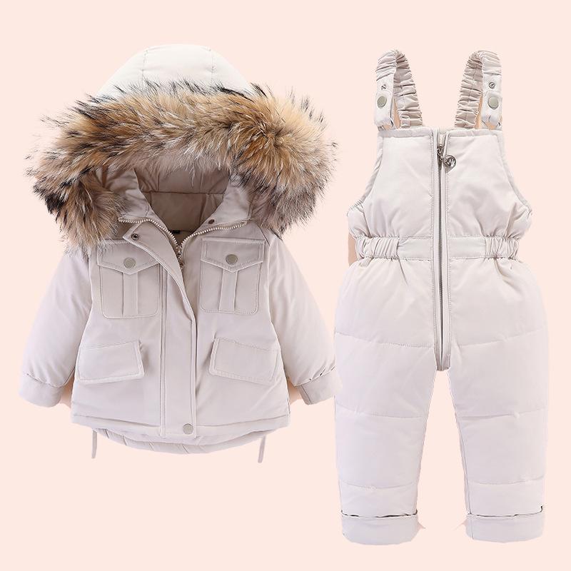 2024 Winter Kids' Down Jacket Set: Korean Style, Big Fur Collar, Two-Piece for Boys and Girls
