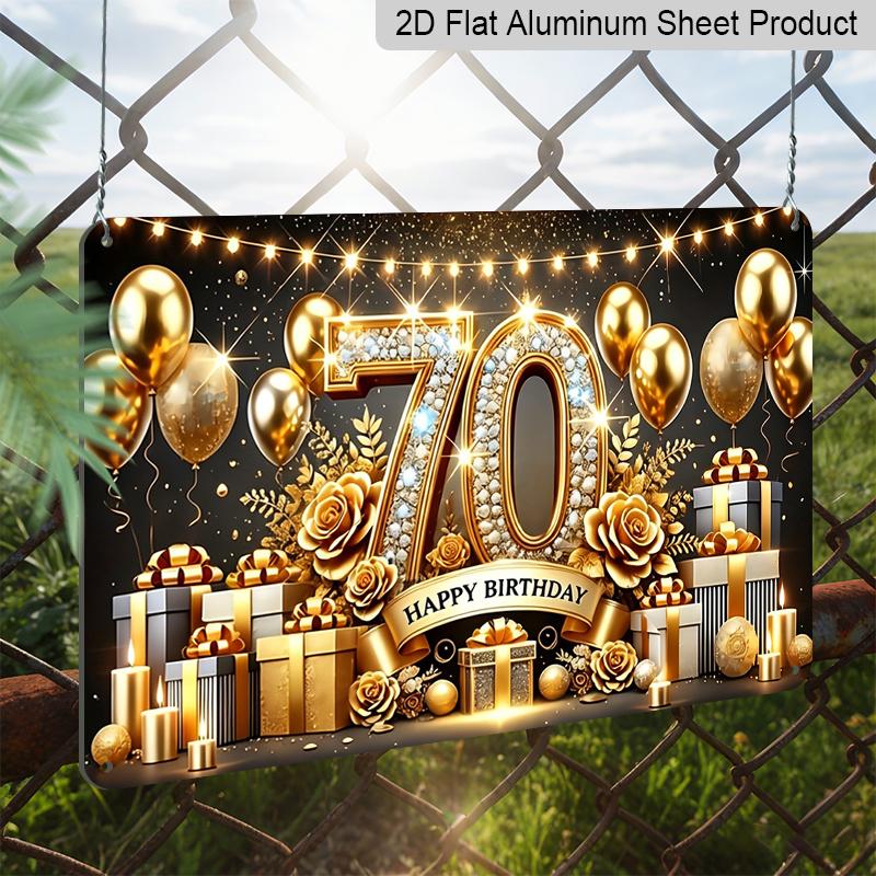 2D Flach, 1 Stück "Happy 70th Birthday" Luxus Schwarz & Gold Schild - 70. Geburtstag Dekoschild mit Glitzerzahl & Goldenen Ballons, Schwarz & Gold