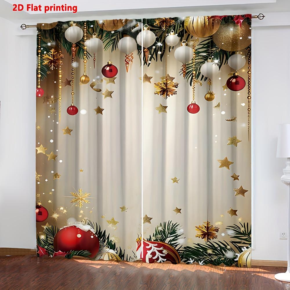 

Set Of 2 Christmas Ball Star Curtains Golden Red Pine Leaf Print Semi Living Room Kitchen Bedroom Decor Curtain With Rod Pocket Sheer Polyester W100*H70(CM)-Hooks&2PCS