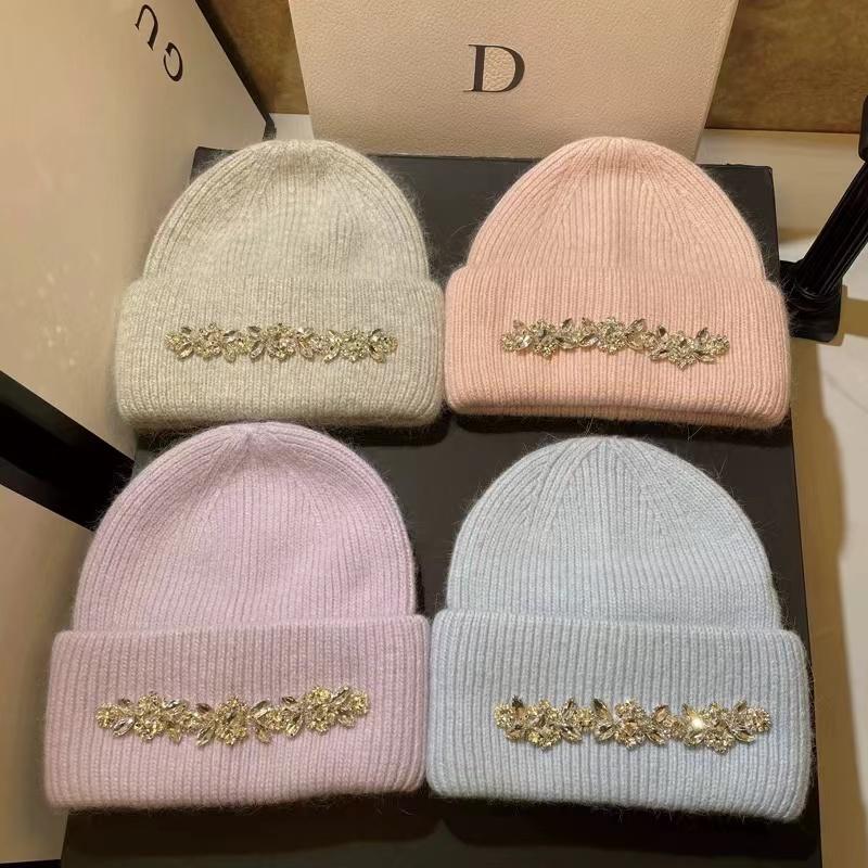 2024Mode Damen Wintermütze Echtes Kaninchenfell Gestrickte Mützen Diamanten Blume Damen Freizeit Hüte Warme Wolle Skullies Beanies