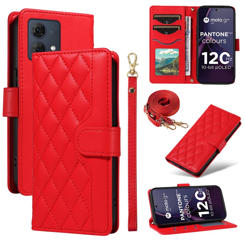 For Motorola Moto G84 5G Case Wallet Rhombus Leather Phone Cover with Shoulder Strap,Wrist Strap