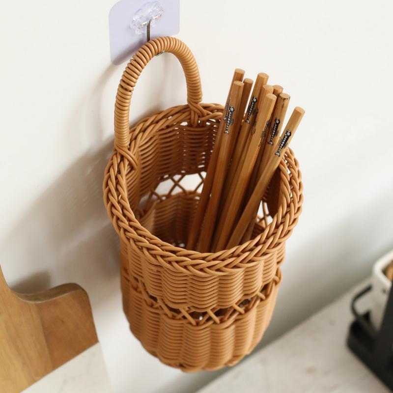 Rattan Weaving Chopstick Cage Wall Mounted Simulated Flower Decoration Hanging Basket Kitchen Tableware Storage Holder
