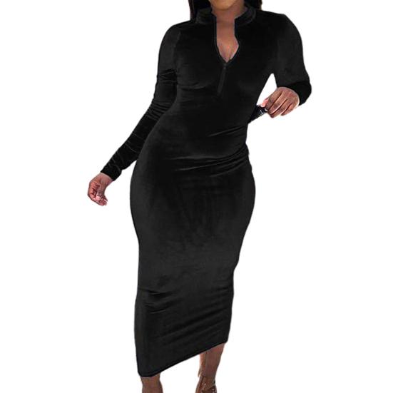 Women Autumn Winter Long Sleeve Solid Color Zipper Bodycon Midi Party Dress   buy the best products in the Ayzeze online store